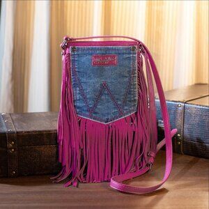 Wrangler Leather Fringe Jean Denim Pocket Crossbody - Hot Pink